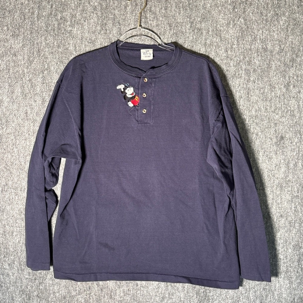 Vintage Disney‎ Store Mickey Mouse Henley Shirt Navy Blue Long Sleeve Mens XL
